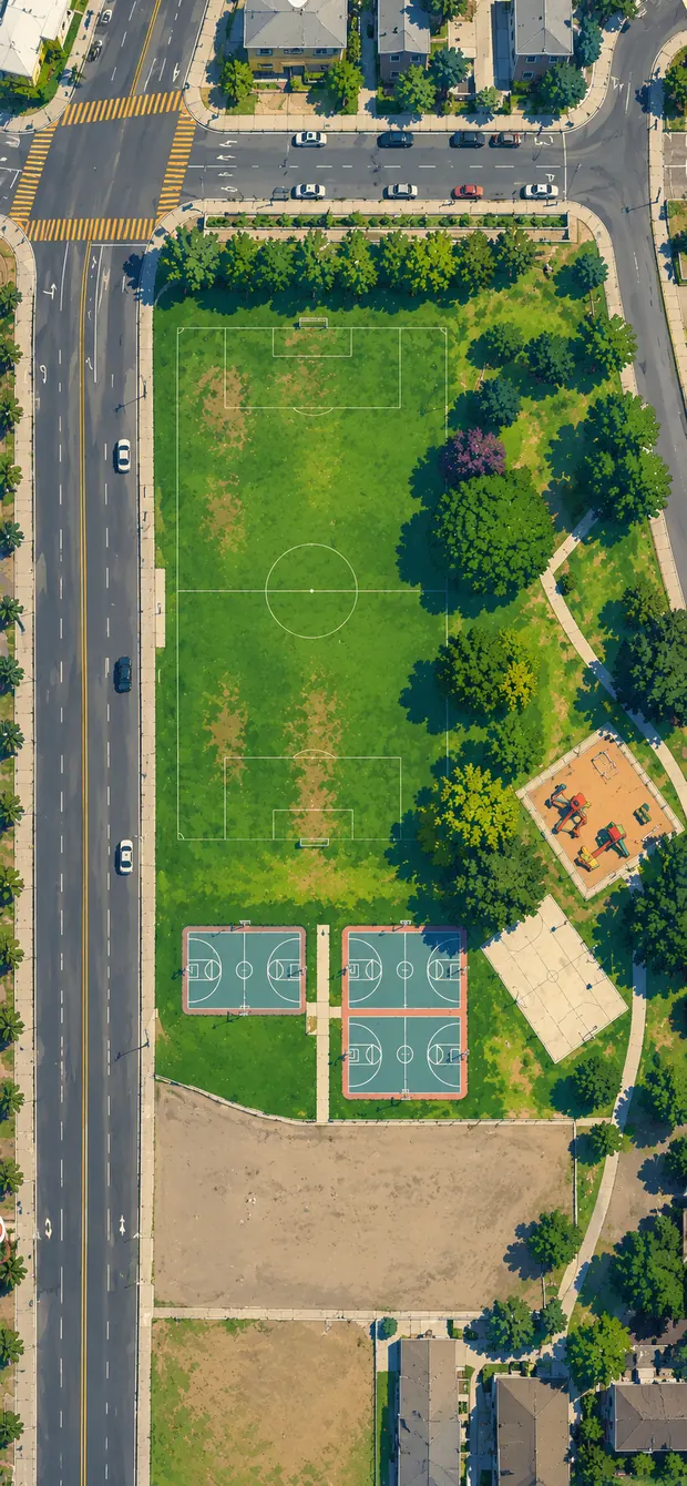 Aerial view of Teague Park, a soccer field in the 805