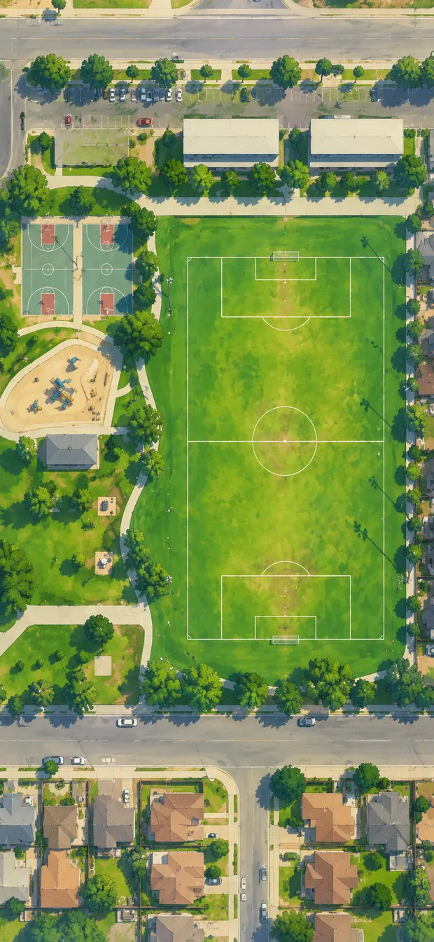 Aerial view of Las Piedras Park, a soccer field in the 805