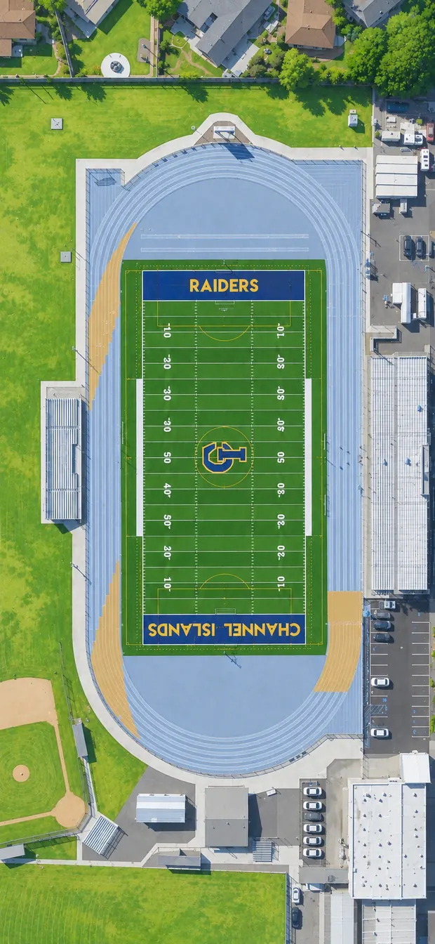 Aerial view of Channel Islands Stadium, a soccer field in the 805